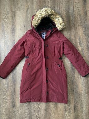 Bluenotes Maroon Hooded Puffer Parka with Faux-Fur Trim